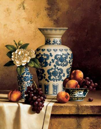 Blue & White Oriental Still Life with Peaches and Grapes