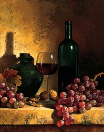 Wine Bottle, Grapes and Walnut